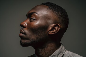 Close-up profile portrait of a thoughtful man with a focused stare in studio setting