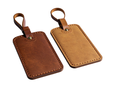 Two leather luggage tags with straps on a black background