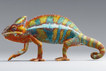 Naklejka premium A vibrant chameleon with colorful skin walks across a plain grey background, showcasing its unique patterns and reptile beauty.