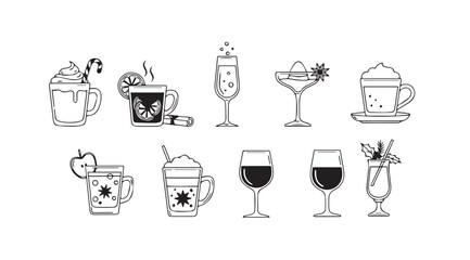 Collection of hand drawn beverage silhouettes in a sketchy artistic style silhouette
