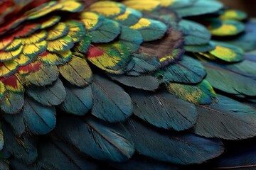 Obraz premium Vibrant feathers from a tropical bird show their natural beauty, displaying a mosaic of bright colors and intricate textures up close.