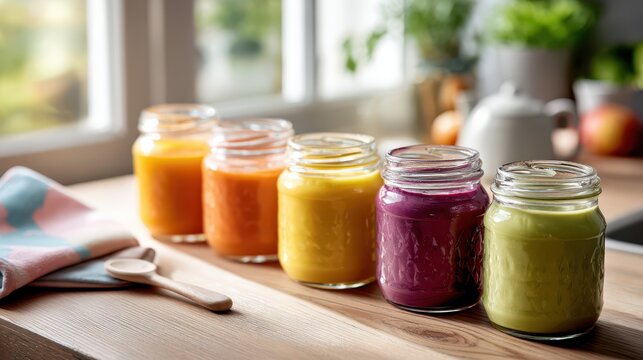 Close-up still life of glossy glass jars filled with colorful baby purees