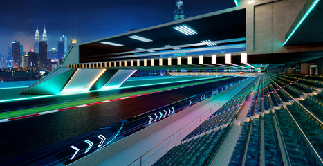 3d rendering futuristic illuminated race track with city skyline at night