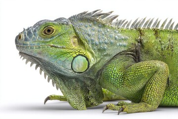 Obraz premium A vibrant green iguana reptile stands calmly in a studio, showcasing its detailed scales, prominent eye, and sharp dorsal spines from a clear side view.