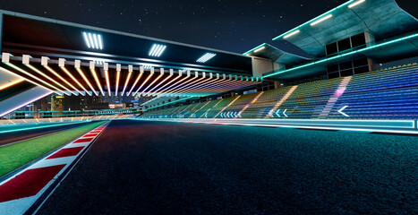 3d rendering empty illuminated futuristic racing circuit at night