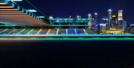 3d rendering empty racing circuit stands at night city