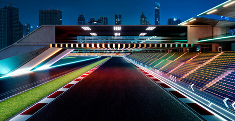 3d rendering futuristic racing circuit with bright neon light trails