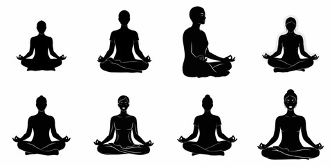 Black Silhouettes of Women Meditating in Lotus Pose, Illustrating Yoga, Spiritual Wellness, Relaxation, and Mindfulness.