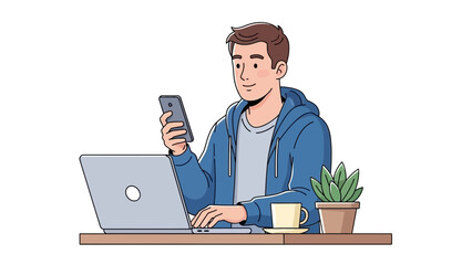 Man working on laptop while using phone at his desk