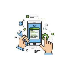 Hands Working on Mobile App and Coding Interface