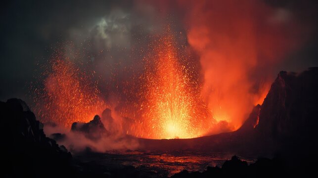 Close-up view of an active volcanic eruption with lava glow and ash plume - Powered by Adobe