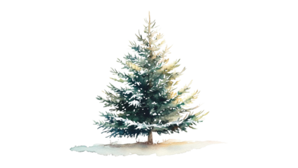 A realistic watercolor painting of a tall evergreen tree standing in light snow