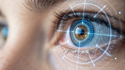 Quantum computing in healthcare concept. Futuristic close-up of an eye with digital overlay and technology graphics.