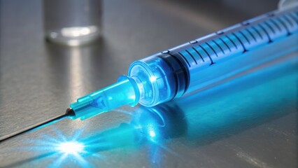 Quantum computing in healthcare concept. Close-up of a syringe with a blue liquid, highlighted against a reflective surface.