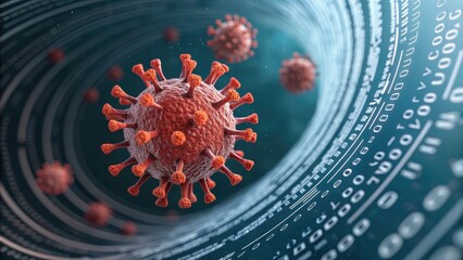 Quantum computing in healthcare concept. Virus illustration surrounded by digital elements, representing technology and health.