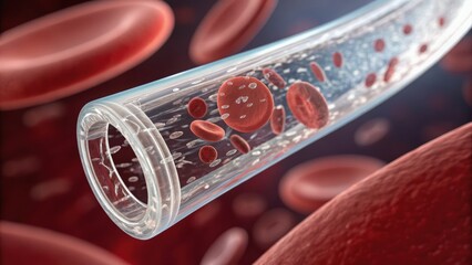 Quantum computing in healthcare concept. Blood vessels with red blood cells in a detailed microscopic view.