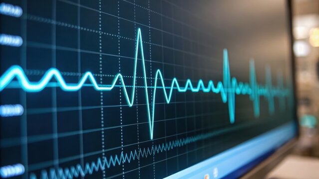 Quantum computing in healthcare concept. Heart rate monitor displaying an electrocardiogram waveform on a digital screen.