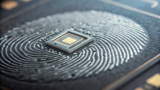 Quantum computing in healthcare concept. Abstract fingerprint pattern with a central microchip, symbolizing technology and security.