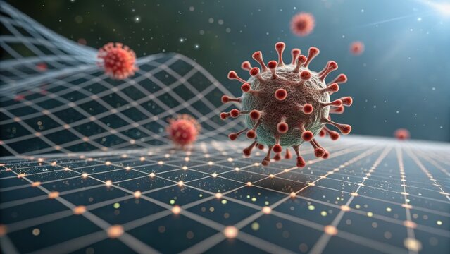 Quantum computing in healthcare concept. Digital visualization of a virus among abstract data patterns and particles.