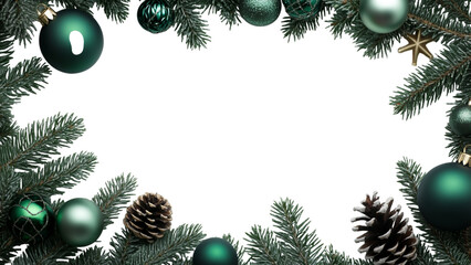 Festive green christmas ornaments and pine cones adorn a black evergreen branch border