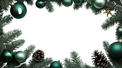 Festive green christmas ornaments and pine cones adorn a black evergreen branch border