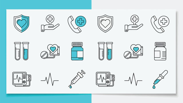 Vector illustration of medical icon set featuring healthcare symbols like heart, pill, stethoscope, syringe, and more, for easy use in designs