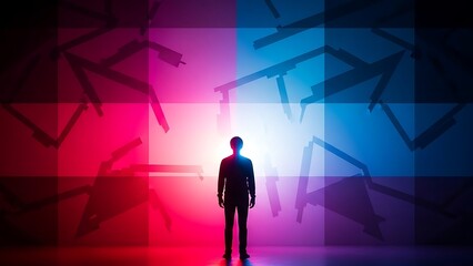 Conceptual illustration of a person confronting a difficult decision, symbolized by a fractured wall in contrasting red and blue light