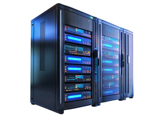 Modern server racks with glowing blue lights in a transparent data center environment