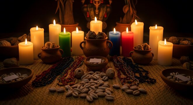 Ornate Altar with Candles in a Candombl&eacute; Ritual Setting