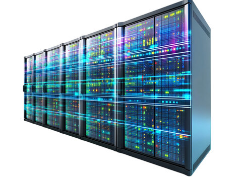 Illuminated server racks with abstract digital data streams in a transparent data center