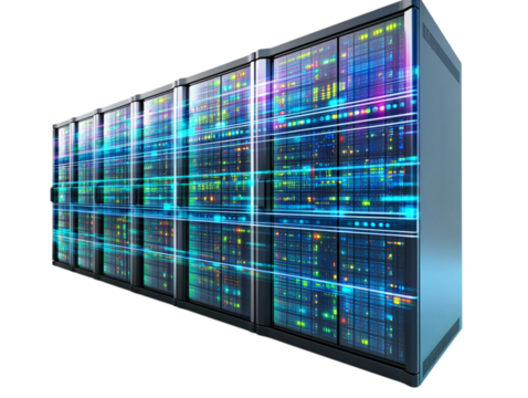 Illuminated server racks with abstract digital data streams in a transparent data center