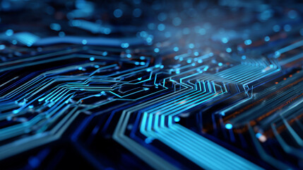 Close up of a circuit board, glowing blue, technology background