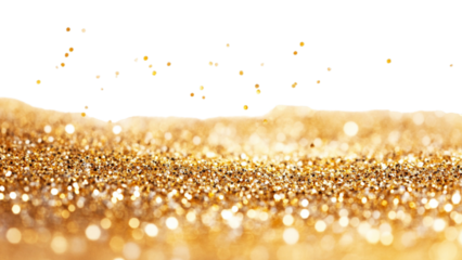 Sparkling golden glitter and bokeh lights against a transparent background