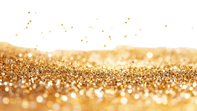 Sparkling golden glitter and bokeh lights against a transparent background
