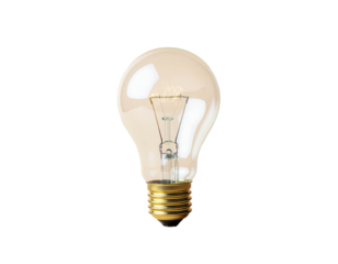 Lit bulb, filament glowing, golden base, dark backdrop