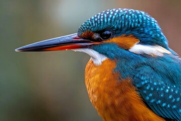 A beautiful kingfisher bird with striking iridescent blue and warm orange feathers is captured in a stunning close-up, showing its calm pose.