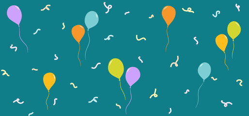 Fototapeta premium Seamless floating colorful balloons scattered across a teal background with festive confetti curls.