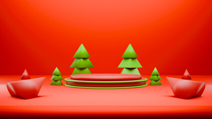 Festive 3D Christmas Podium with Green Tree on Red Background, rendering 4K