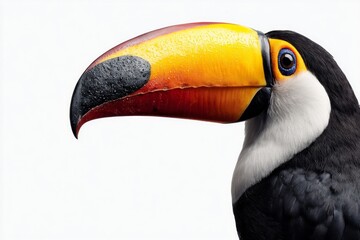 Fototapeta premium A stunning close up portrait of a vibrant toucan bird with its iconic large colorful beak prominently displayed against a clean white background.
