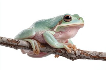 Naklejka premium A beautiful green tree frog with a plump body and large expressive eyes is perched on a rustic branch, isolated on white.