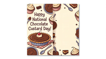 Illustration of a greeting card celebrating National Chocolate Custard Day with a pie and various chocolate desserts.