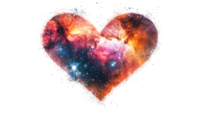 Cosmic heart nebula vibrant colors swirling stars against deep space background