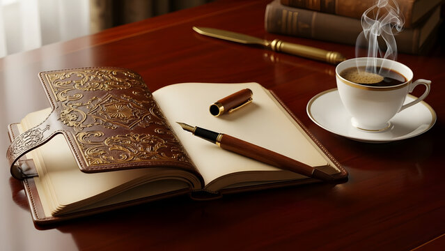 Open journal with pen and coffee cup on a wooden desk.