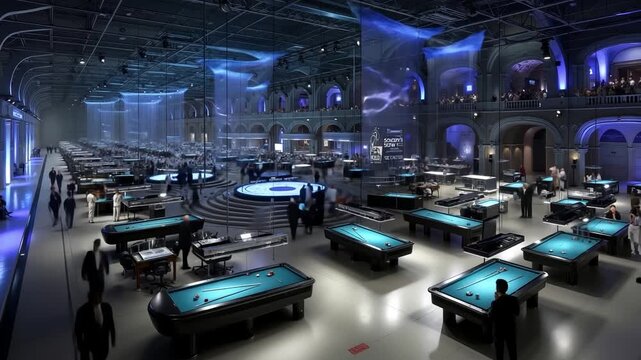 A large room filled with lots of pool tables