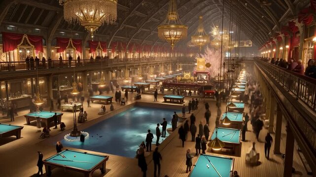 A large room filled with lots of people playing pool