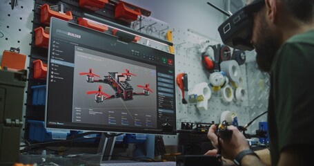 Engineer Programming FPV Drone Parameters on Computer Software. Man Configures and Programs Drone...