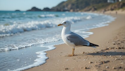 Fototapeta premium HD 8K Stock Photograph of a Seagull on the Beach – Serene Coastal Wallpaper