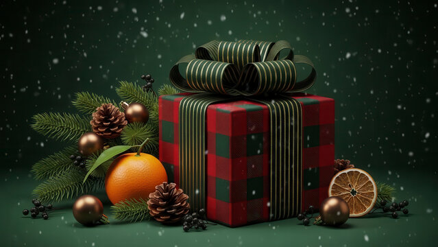 Christmas gift box wrapped in red and green buffalo plaid with a striped ribbon surrounded by pine cones and oranges under falling snow