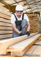 Carpenter checking lumber in warehouse, woodworking industry professional at work