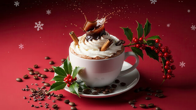 Festive hot chocolate or coffee with whipped cream and a splash of dark liquid on a red background with holly and snowflakes